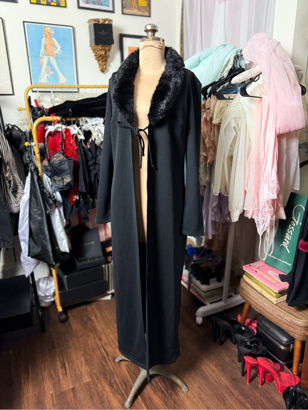 Vintage Y2K 1990’s Fashion Faux Fur Trim Coat Jacket Duster Whimsigoth Glam Goth